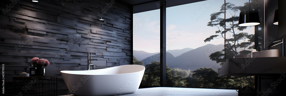 Freestanding white bath in dark modern bathroom, contemporary design, real estate brochure, wide broad format banner, generative ai Freestanding white bath in dark modern bathroom, contemporary design, real estate brochure, wide broad format banner, generative ai
