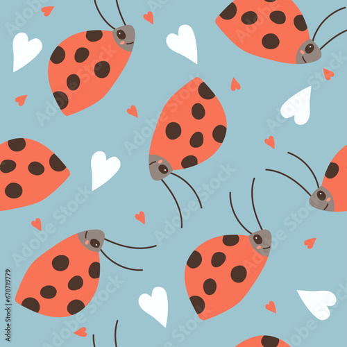 Seamless repeat pattern with cute hand-drawn ladybugs. Vector hand drawn cartoon kawaii character illustration icon. Сhild seamless pattern concept.
