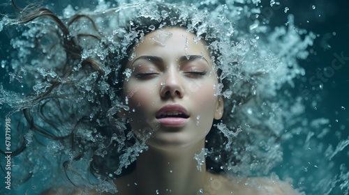 woman underwater with hair surrounded by splashes of water. Concept: portrait with water near the face.