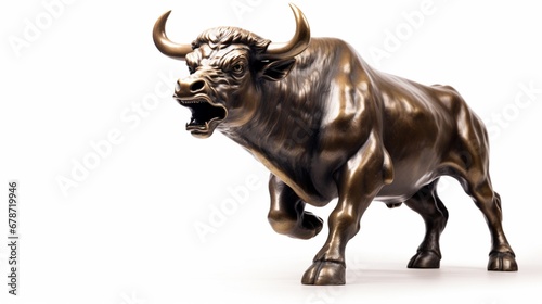A powerful Charging Bull statue, isolated on a pristine white background, symbolizing unwavering financial optimism and prosperity.