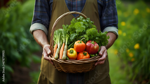 Farmer holding basket full of harvest organic vegetable and in the garden. Autumn holiday Thanksgiving. Raw diet. Generative AI.