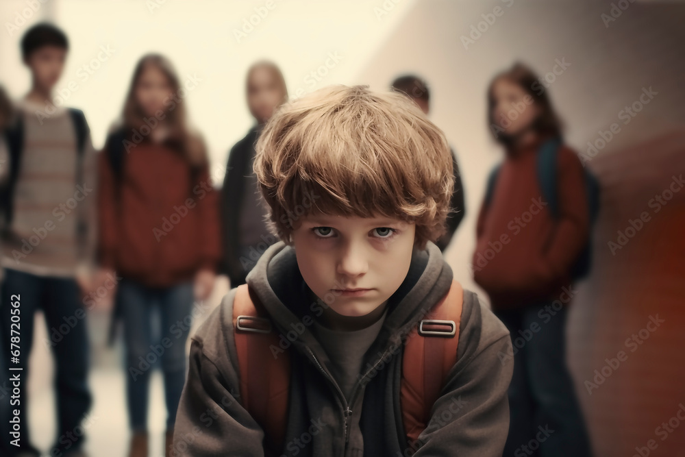 Picture of depressed teenage boy bullied with her friends in the classroom Picture of depressed teenage boy bullied with her friends in the classroom