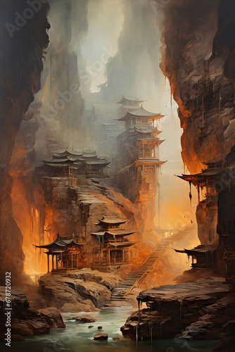 Ruined Temple in a Misty Canyon: A Painting of an Ancient and Mysterious Culture