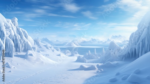 A spectacular frozen expanse with ice formations and a distant frozen lake lies under a wide sky with soft clouds  snow covered landscape