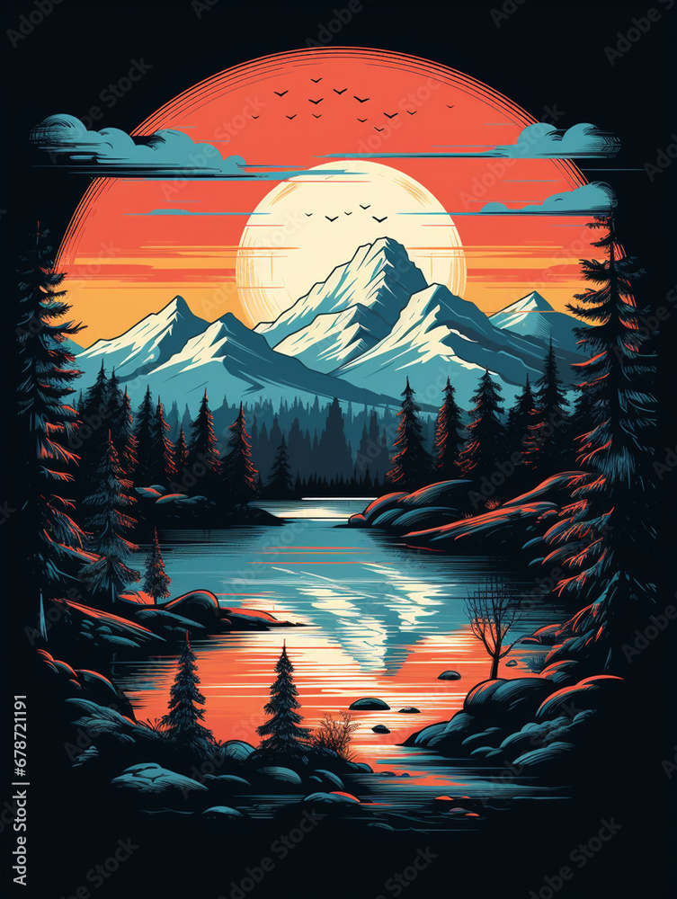 illustration for a T-shirt design, featuring an idyllic sunset behind an alpine mountain range, pine trees, snow-capped peaks, and a serene tarn created with Generative Ai