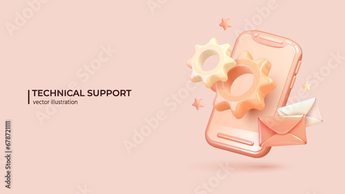 3D Technical Support Concept. Realistic 3d design of Smartphone with Gears and Letters. Online business management or Mobile service 3D Vector illustration in cartoon minimal style.