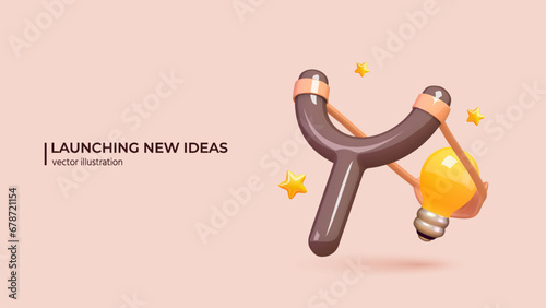 3D Launching New Ideas Concept. The slingshot represent the process of launching new ideas or innovations within a company. Realistic 3d design in cartoon minimal style. 3D Vector illustration