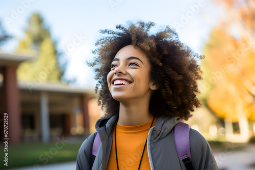 Smiling young black female student on a vibrant college campus. Generative AI