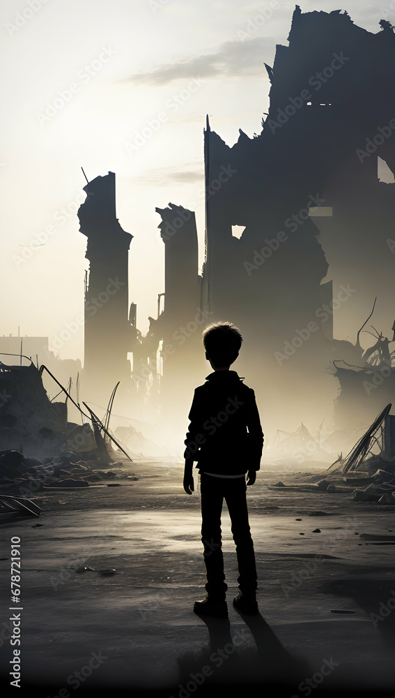Fototapeta premium silhouette of a child in the middle of a ruined city