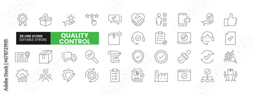 Set of 36 Quality Control line icons set. Quality Control outline icons with editable stroke collection. Includes Quality Check, Inspection, Evaluation, Production, Improvement and More.