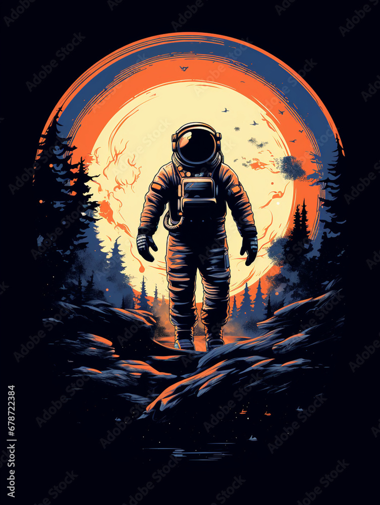 Flat style T-shirt design featuring an astronaut, presented as a graphic created with Generative Ai