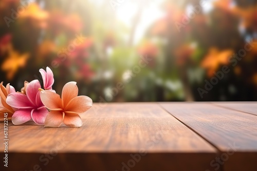 Empty wooden table in front blur tropical flowers background, product display montage