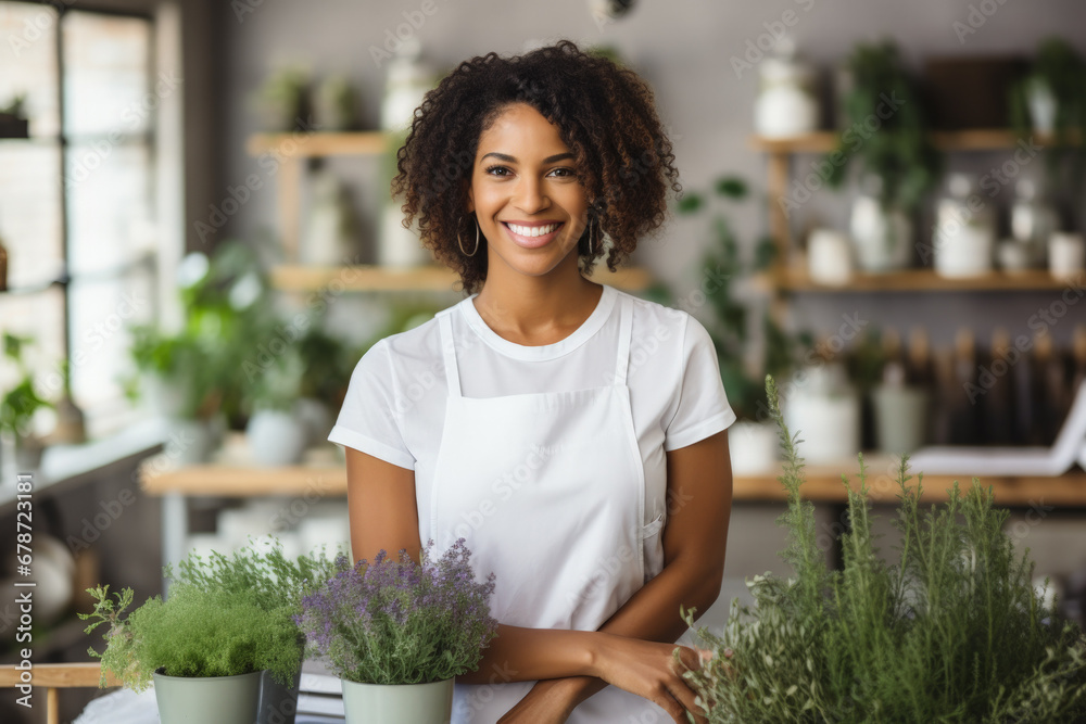 Health-focused entrepreneur in organic market accentuated by mint green white and lavender hues Health-focused entrepreneur in organic market accentuated by mint green white and lavender hues