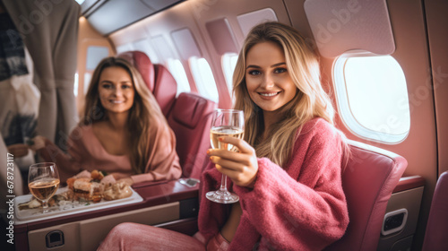 Two beautiful wealthy women drinking champagne in a private jet. Bachelorette party in a plane.  photo
