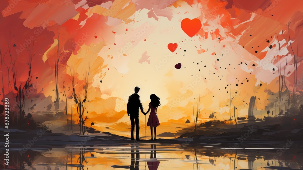 Painting with bright colors of a couple in love against the background of a heart. A couple walking alone. Concept: People's feelings, Valentine's Day
 - obrazy, fototapety, plakaty 