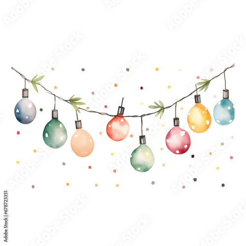 Watercolor drawing of a Christmas garland. Multi-colored light bulbs for the holiday.