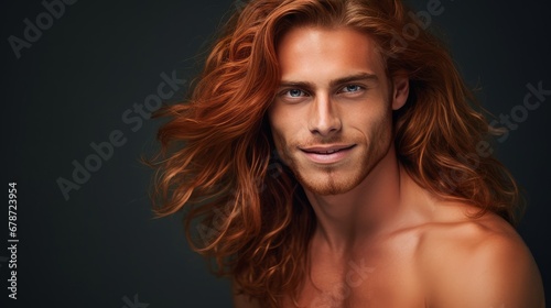 Handsome elegant sexy smiling man with perfect skin and long red hair, on a silver background, banner, close-up.