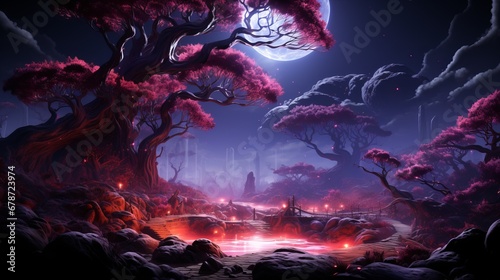 A tree with a spreading crown near a river against the backdrop of the full moon, illustration in UV style, a space landscape with unusual vegetation