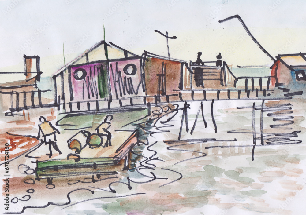 Colored sketch, pier on the seashore