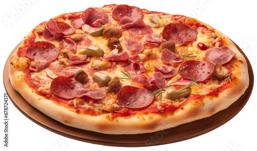 Pizza with salami, on a white isolated background generated ai