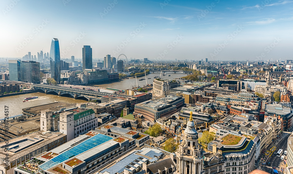 Aerial view with the city skyline of London, England, UK