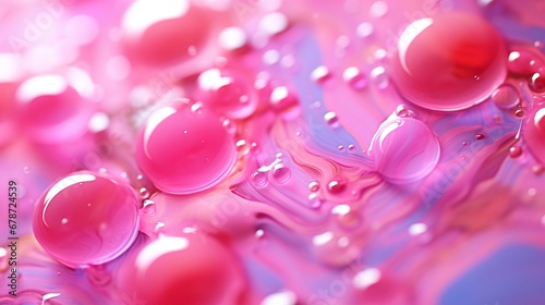 Luminous Pink Water Droplets on a Mesmerizing Blue Reflective Surface