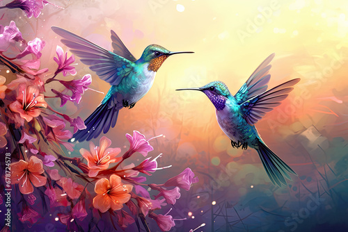 Two lovely hummingbirds flying around the flowers under the beautiful sunset © grey