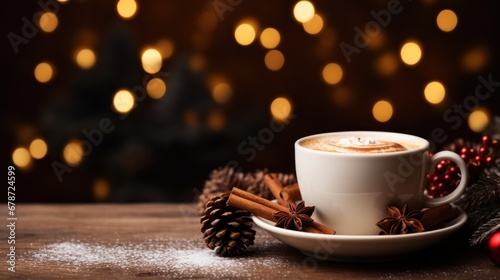 Cup of coffee at Christmas photorealistic copy space. Generative AI.