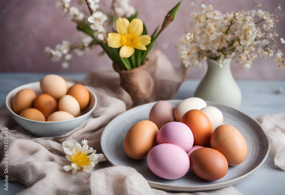 Happy Easter. Stylish natural dyed Easter eggs on a background of homemade Easter bread with spring flowers on a plate on the table. Traditional Easter food.