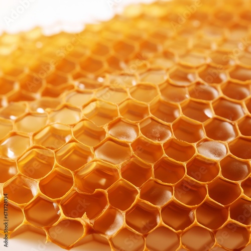 Background texture of a section of wax honeycomb from a bee hive filled with golden honey