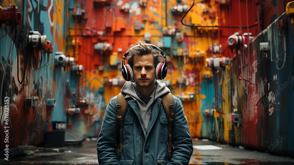 Caucasian happy man in headphones sits on the street and listens to music, Concept: cityscape with a man passionate about audio.