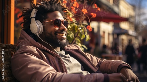 Young african american happy man in headphones sitting on the street and listening to music  cityscape with man passionate about audio.
