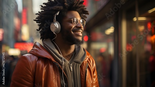 Young african american happy man in headphones sitting on the street and listening to music, cityscape with man passionate about audio. © Marynkka_muis