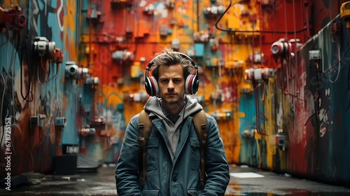 Caucasian happy man in headphones sits on the street and listens to music, Concept: cityscape with a man passionate about audio.