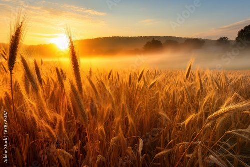 Golden harvest. Wheat field under summer sun. Nature bounty. Ripe wheat crop in countryside. Sunset over fields. Rural farming landscape © jaafar