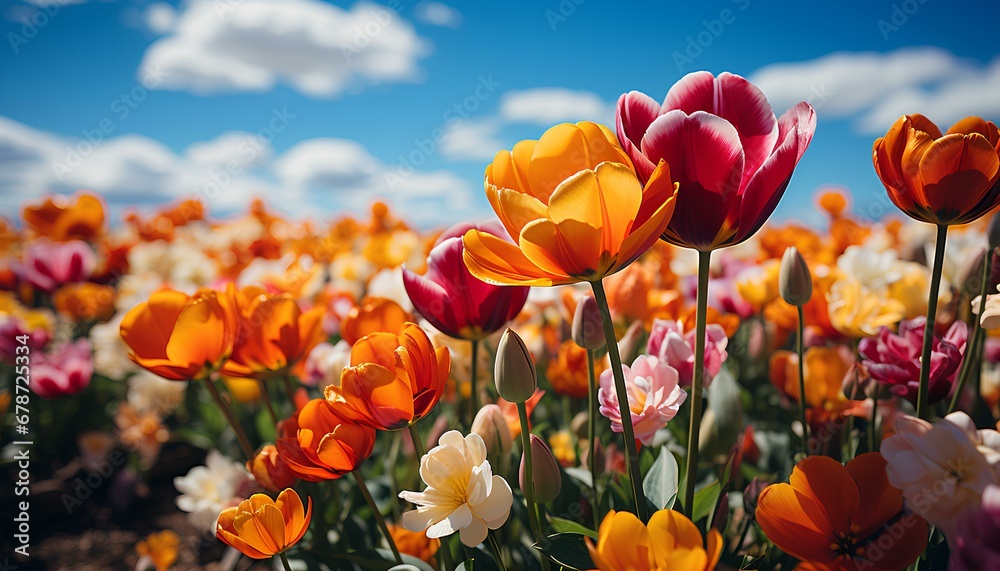 Obraz premium red and yellow tulips. field of tulips. Pink tulip field blooming with blue sky in the background. Spring time flower. Tulip flower. Tulip flower field