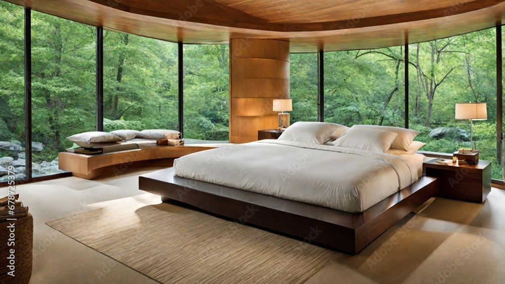 master bedroom of Fallingwater, where a builtin bed and furniture