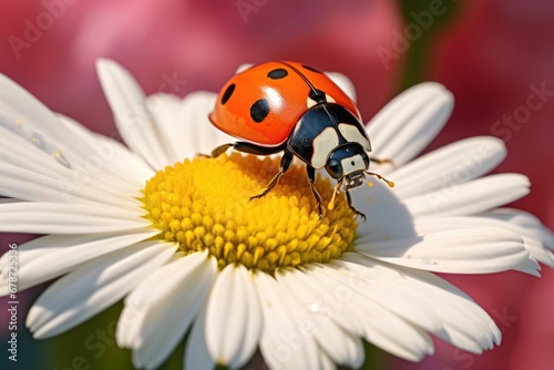 Flower daisy yellow summer macro ladybug garden plant red beetle white nature insect