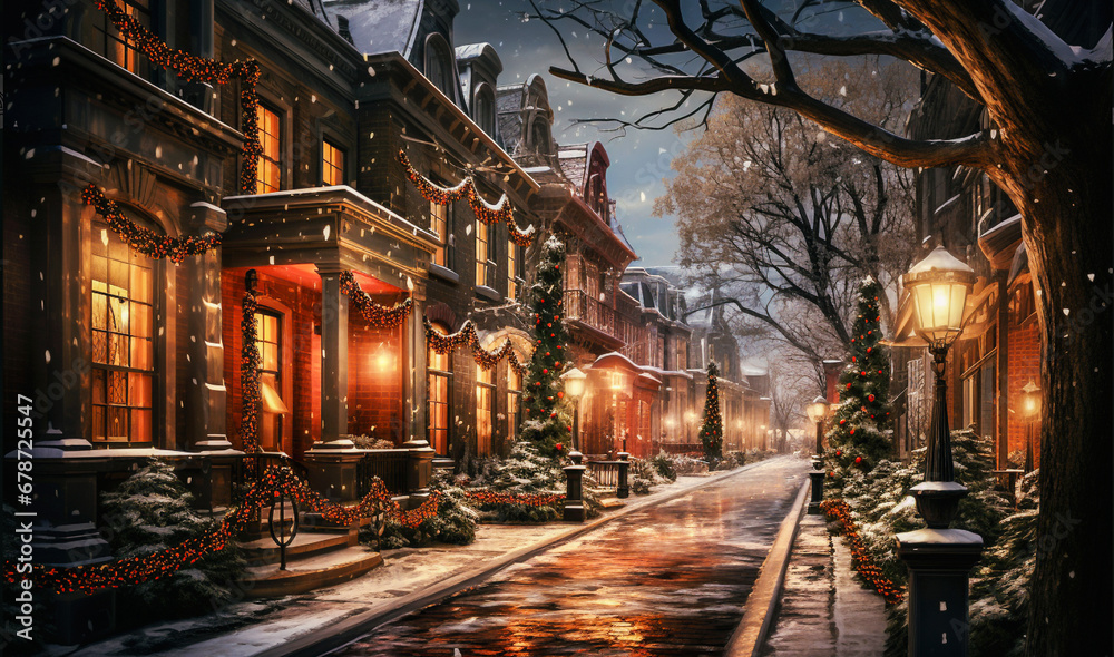 Bożonarodzeniowa światła dekoracja na bajkowej ulicy. Zimowa,  atmosfera. - obrazy, fototapety, plakaty 