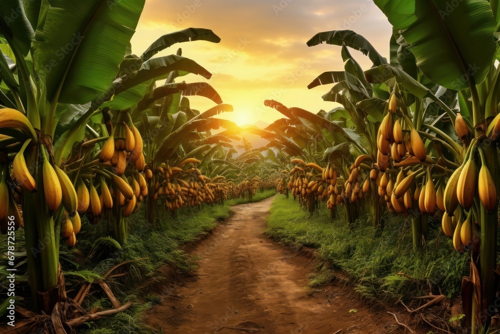Fototapeta premium bananas trees farm at sunset