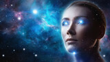 Synthetic female profile combined with a futuristic space background evoking future science and technologies