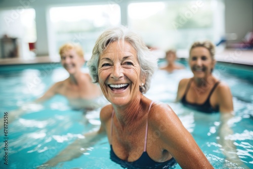 Active senior women enjoy an aqua fit class in a pool, exuding joy and camaraderie while embodying a healthy and retired lifestyle. photo