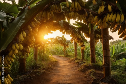 bananas trees farm at sunset