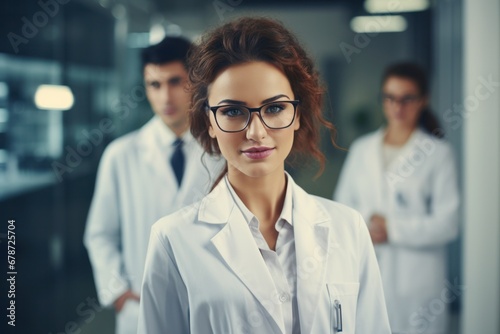 beautiful female scientist standing in white coat and glasses in modern medical science laboratory with team of experts in the background.