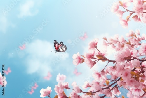 branches of blossoming cherry, pink cherry blossoms spring floral background on a blue sky cherry flowers blossoming © jaafar
