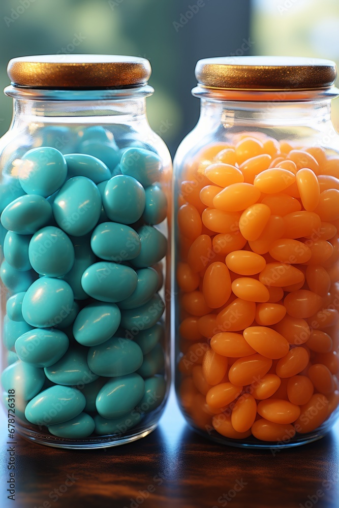 Two bottles with  pills yellow and blue