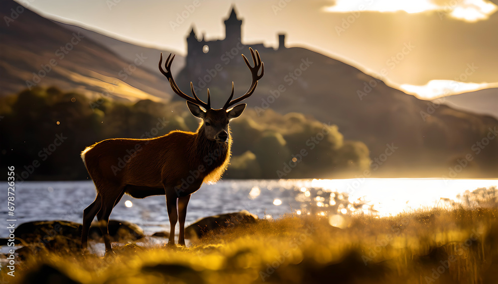 Obraz premium A Red Deer Stag in front of an ancient Scottish castle and loch at sunset