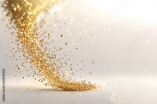 Small gold sparkles fly in the air.