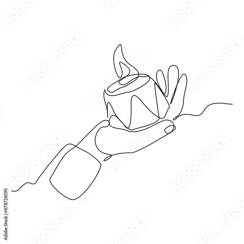 Continuous single line sketch drawing of hand holding aromatic therapy romantic burning candle light in glass jar. One line art of people carrying beautiful spa candle relaxation vector illustration