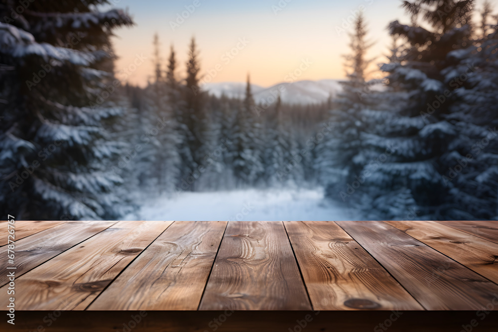Snowy Mountain Background, Wooden Table for Product Presentation Snowy Mountain Background, Wooden Table for Product Presentation